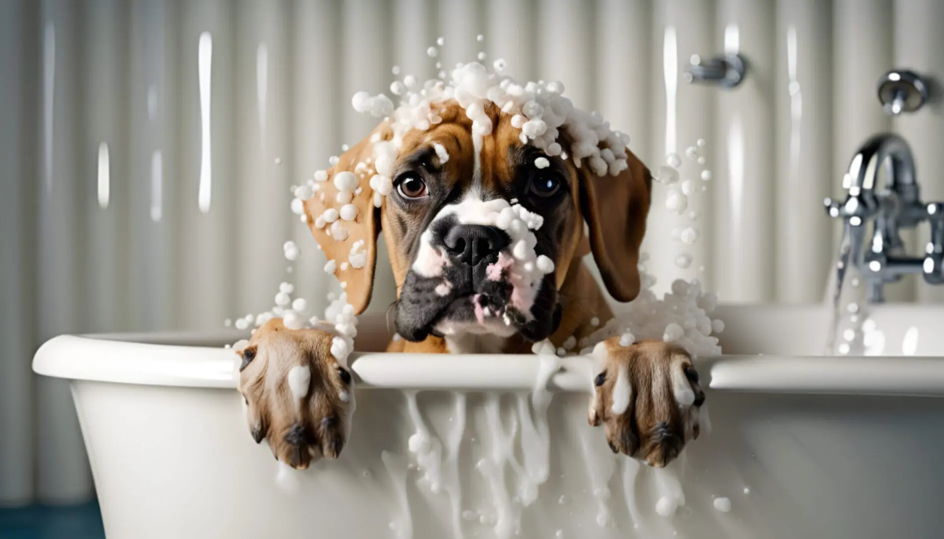 A dog is taking a bath in the tub
